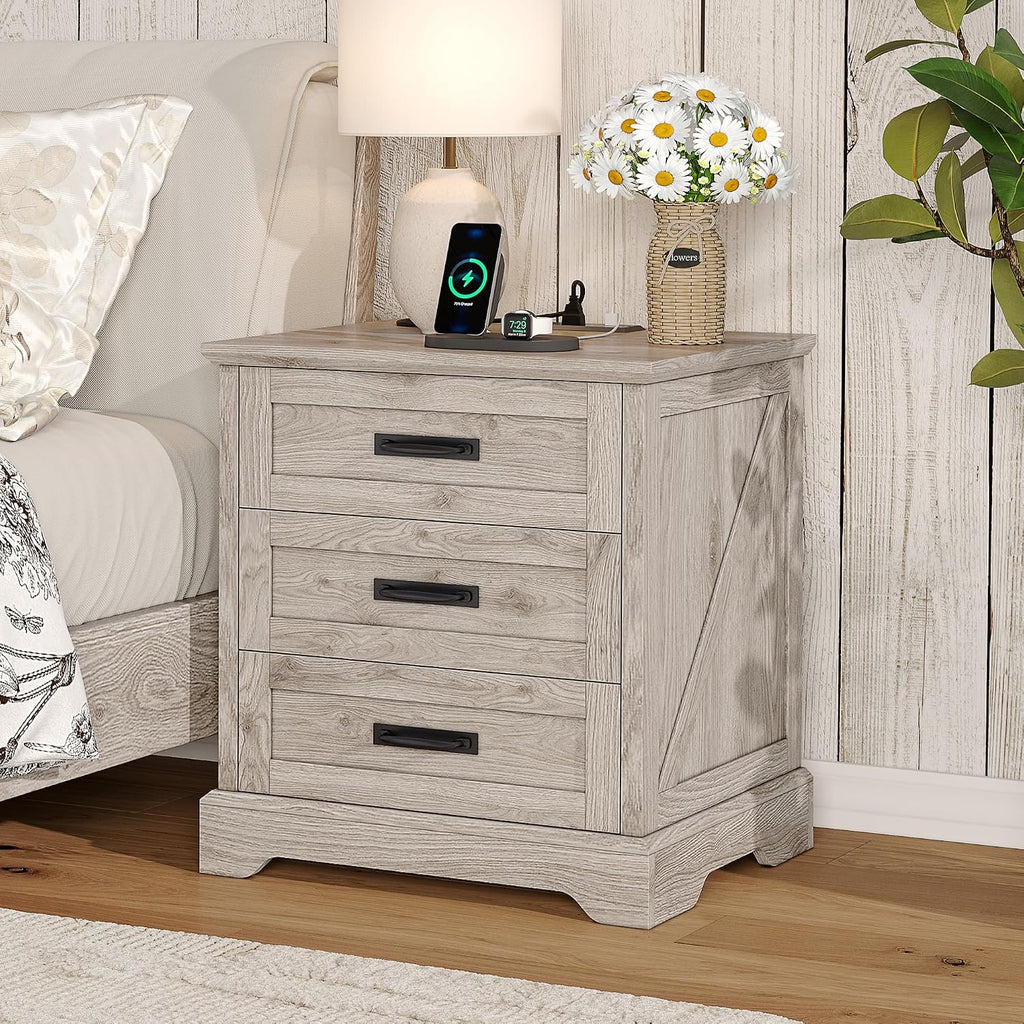 Whalefall Farmhouse Nightstand with Charging Station, 3 Drawers Bedside Table, 22 inch Wide End Table for Bedroom, Light Wash Grey