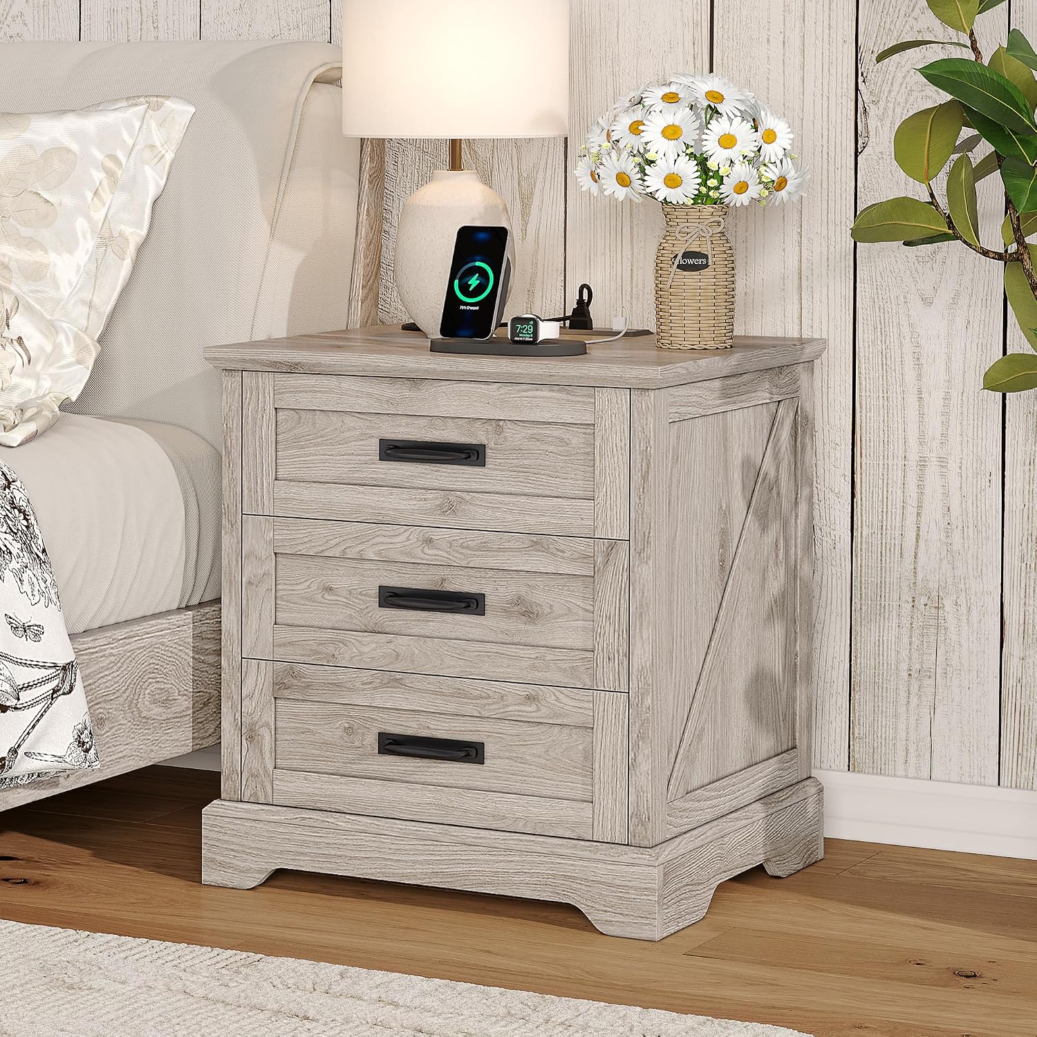 Whalefall Farmhouse Nightstand with Charging Station, 3 Drawers Bedside Table, 22 inch Wide End Table for Bedroom, Light Wash Grey