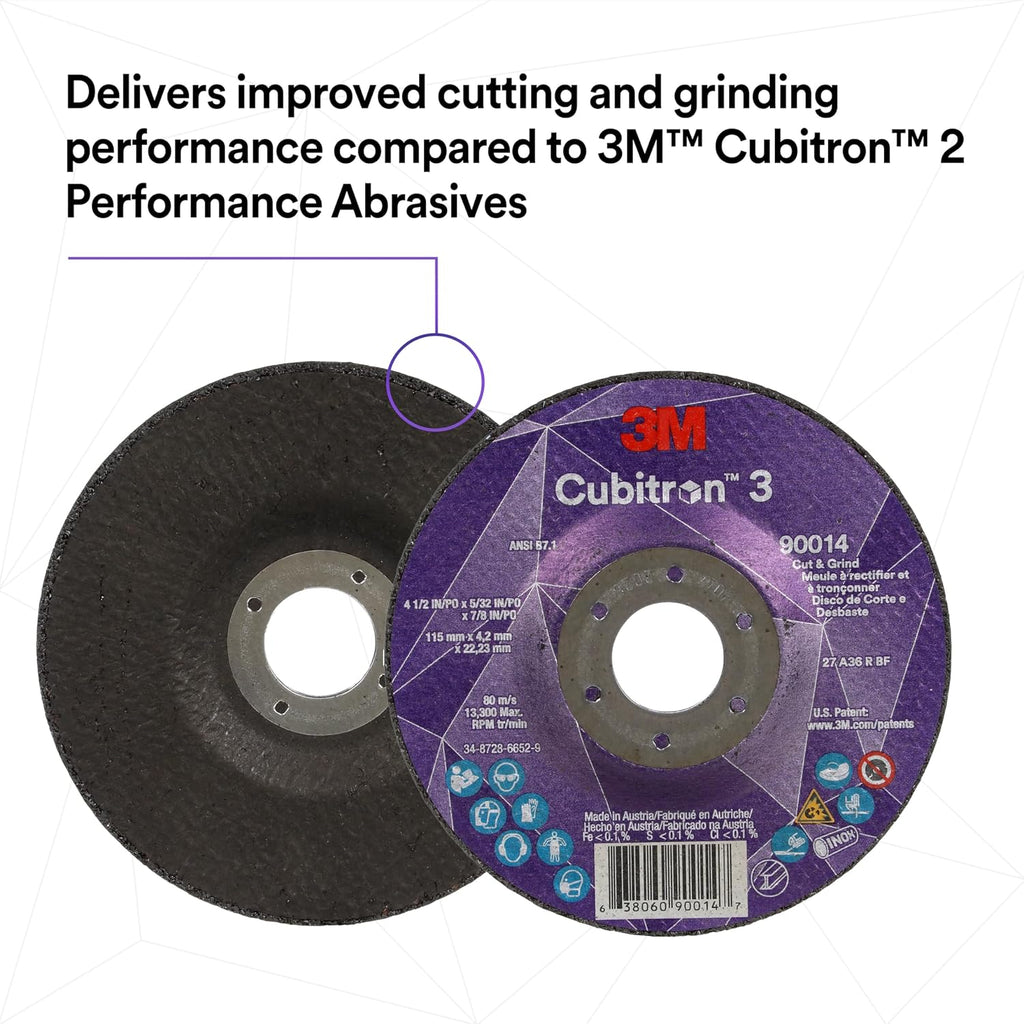 3M Cubitron 3 Cut and Grind Wheel, 88991, 36+, T27, 6 in x 1/8 in x 5/8 in-11, Pack of 10, ANSI, Longer Life, Faster Cut, Back-Gouging, Fillet Weld Removal, Cutting, Grinding