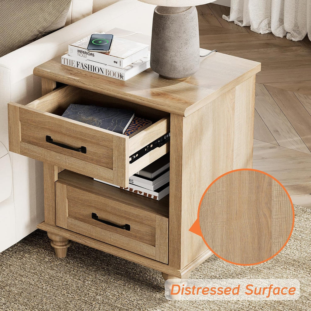 WAMPAT 2 Piece Bedroom Set - Includes 6 Drawer Dresser for Bedroom, Farmhouse Nightstand with Charging Station & Drawers & Cubby, 2 Piece Dresser and Nightstand Sets, Oak