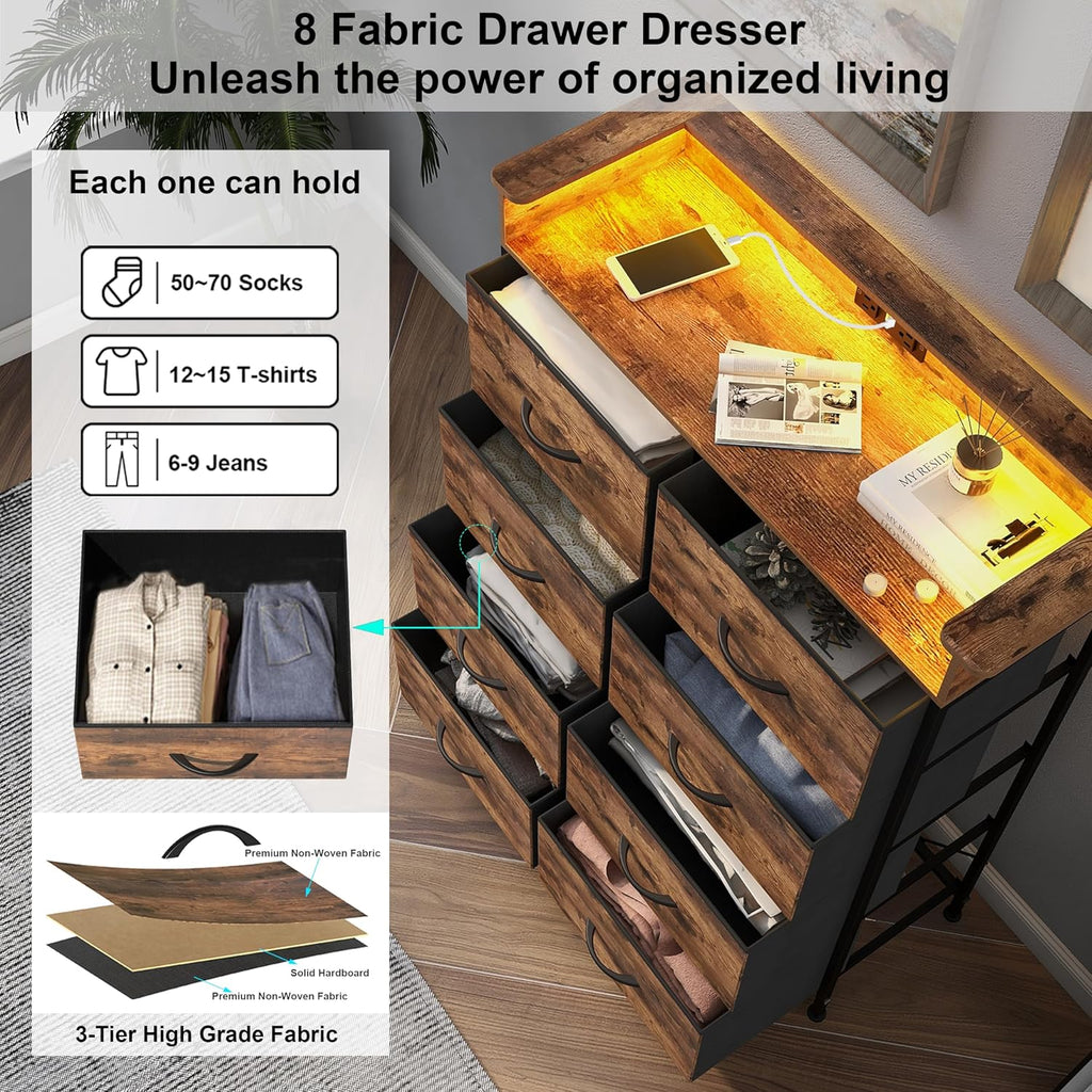 Tall Dresser for Bedroom with Charge Station 8 Drawers Dresser with LED Lights Chest Organizer Units for Hallway Entryway Closets Sturdy Steel Frame Wood Top Easy Pull Handle Rustic Brown