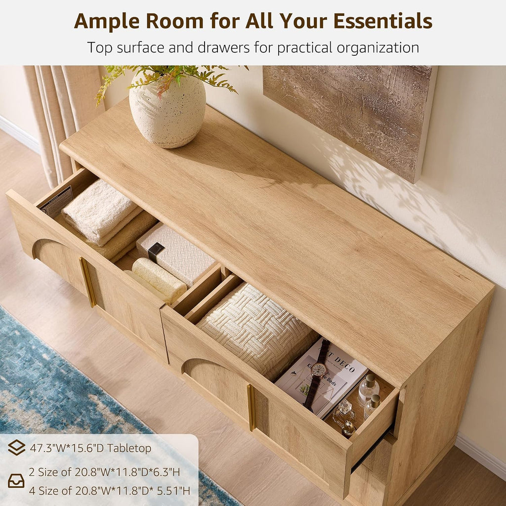 ACCOHOHO Arched Dresser for Bedroom with 6 Drawers, 47.3' Wide Modern Chest of Drawers with Rounded Edge & Metal Handles, Wood Storage Closet Dressers TV Stand for Living Room, Hallway, Oak