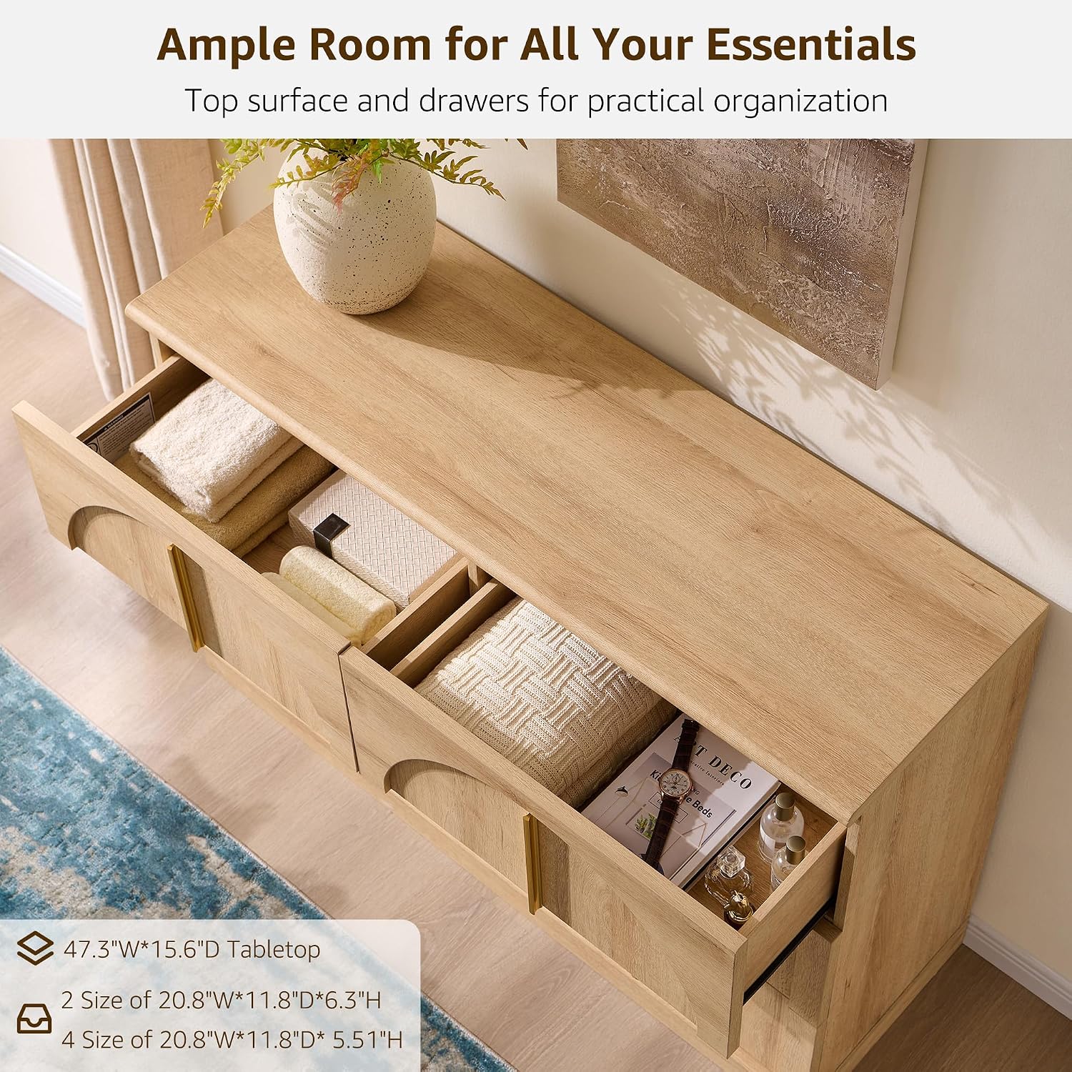 ACCOHOHO Arched Dresser for Bedroom with 6 Drawers, 47.3' Wide Modern Chest of Drawers with Rounded Edge & Metal Handles, Wood Storage Closet Dressers TV Stand for Living Room, Hallway, Oak