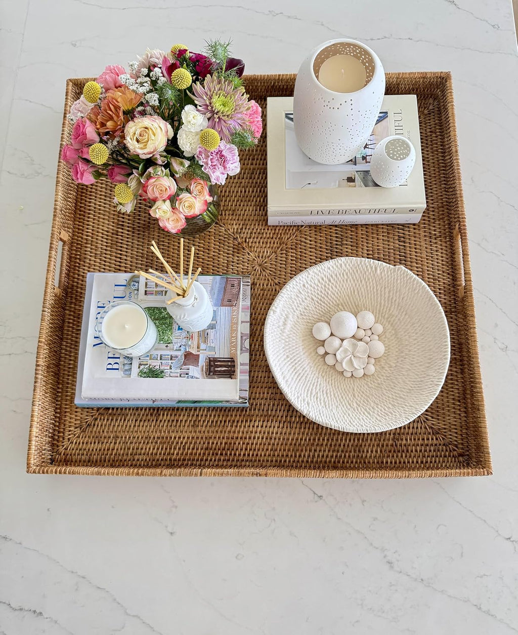 KOUBOO La Jolla Rattan Tray, Square Woven Tray - Decorative Coffee Table, Breakfast Tray, Home Decor Basket Style, Extra Large, Honey-Brown