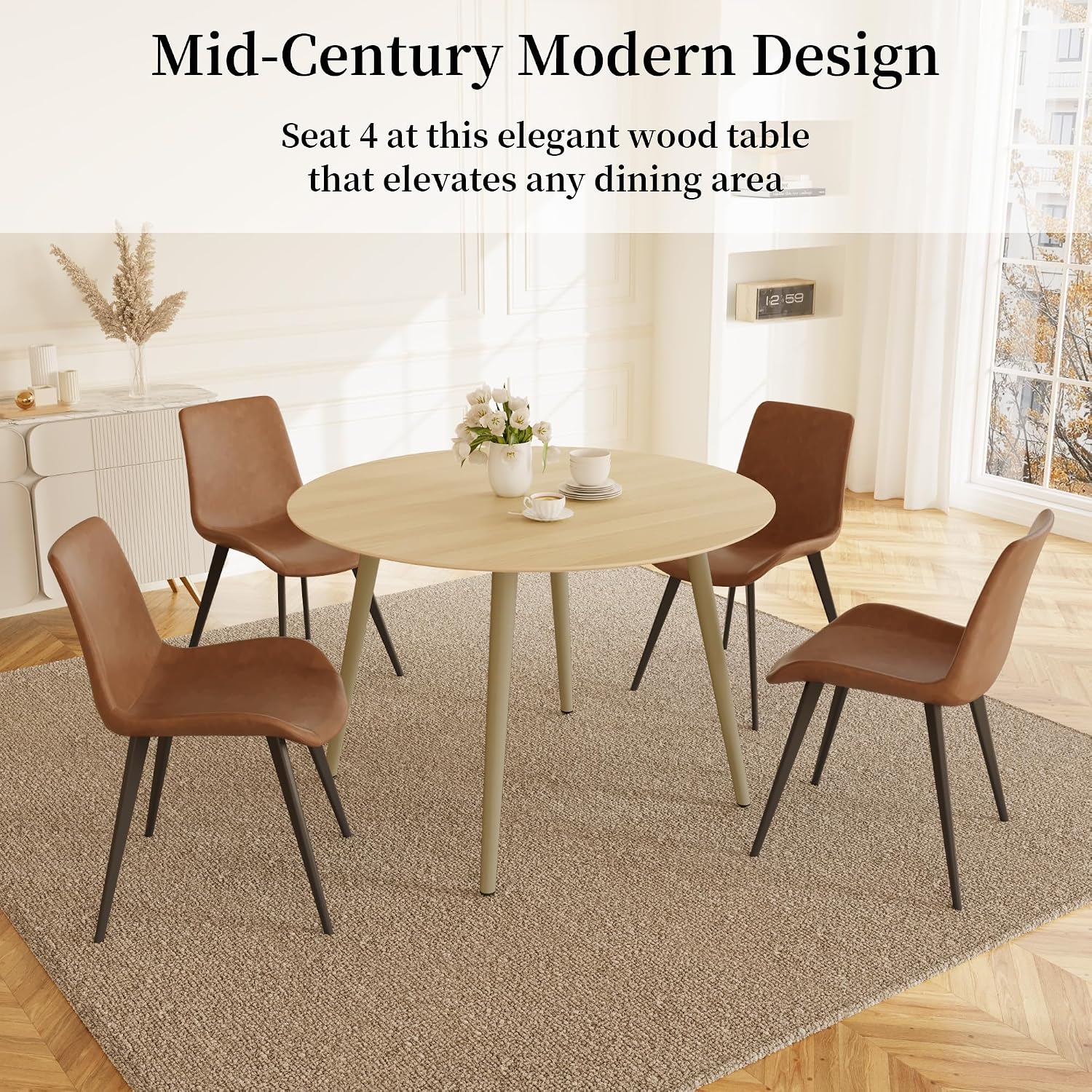 HIPIHOM 43.3 Inch Round Dining Table Set for 4, Modern Small Kitchen Coffee Set for Dining Room Kitchen Apartment (Cream Table + 4 Brown Chairs)