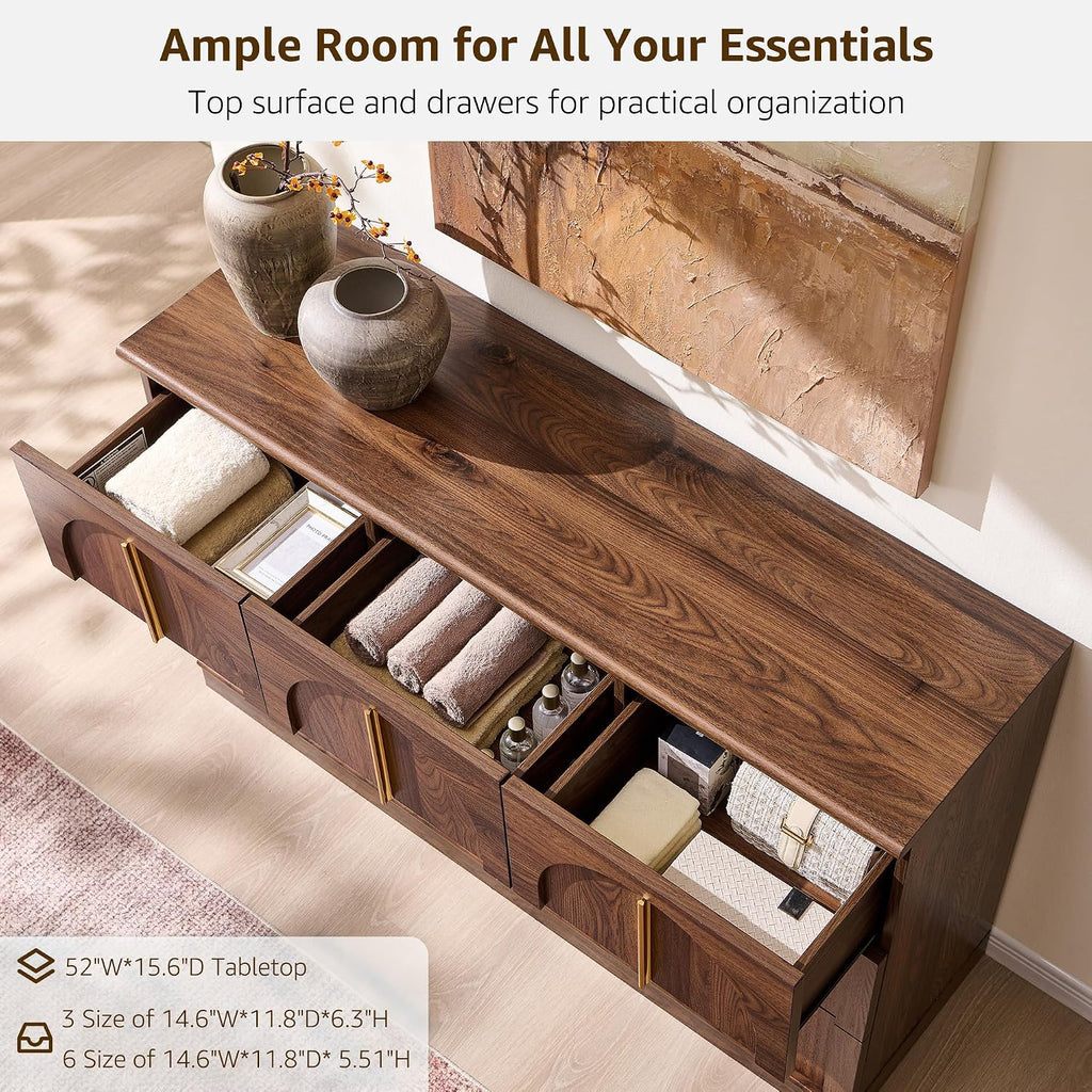 ACCOHOHO Arched Dresser for Bedroom with 9 Drawers, 52' Wide Modern Chest of Drawers with Rounded Edge & Metal Handles, Wood Storage Closet Dressers TV Stand for Living Room, Hallway, Brown
