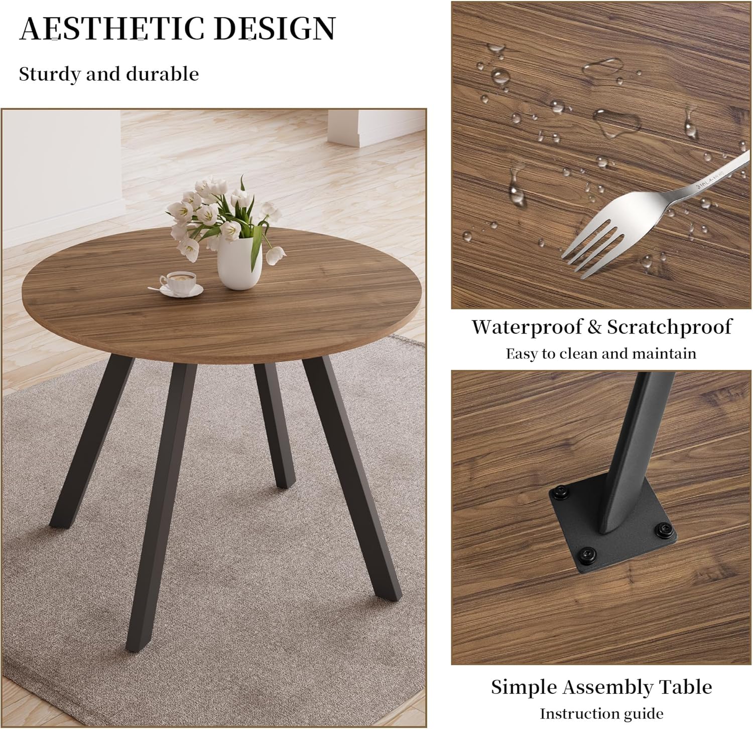 HIPIHOM 34.6 Inch Walnut Round Dining Table for 4, Space-Saving Dinette Perfect for Kitchen Dining Living Room(Walnut Table)