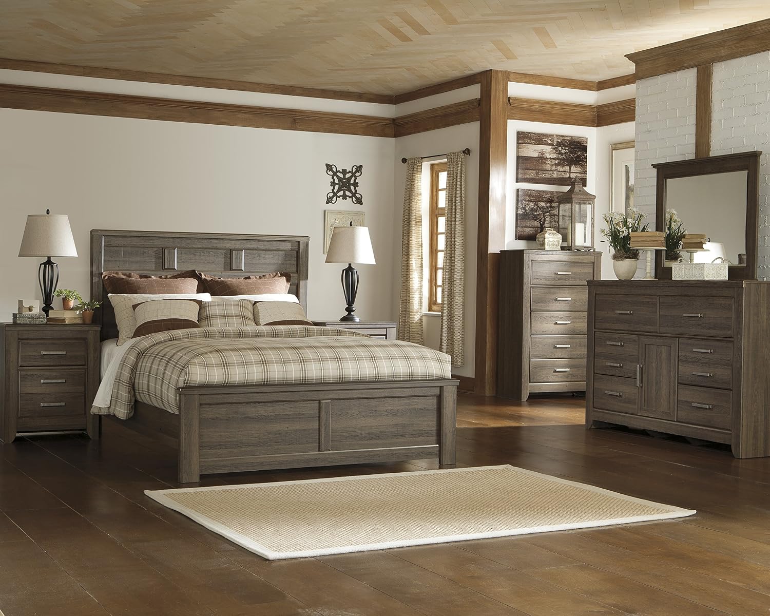 Signature Design by Ashley Juararo Vintage Smooth-Gliding 6-Drawer Dresser and Mirror with Safety Stop, Cabinet and Adjustable Shelf, Dark Brown