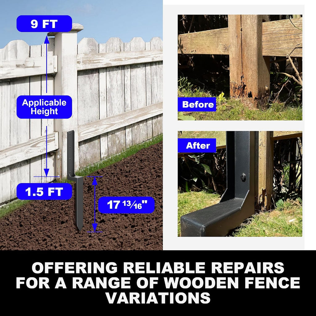 Fence Post Repair Kit - One-Piece Steel Anchors & Stakes for Broken/Leaning 4x4/6x6 Wood Posts (Thickened 11-Gauge, 6-Pack)