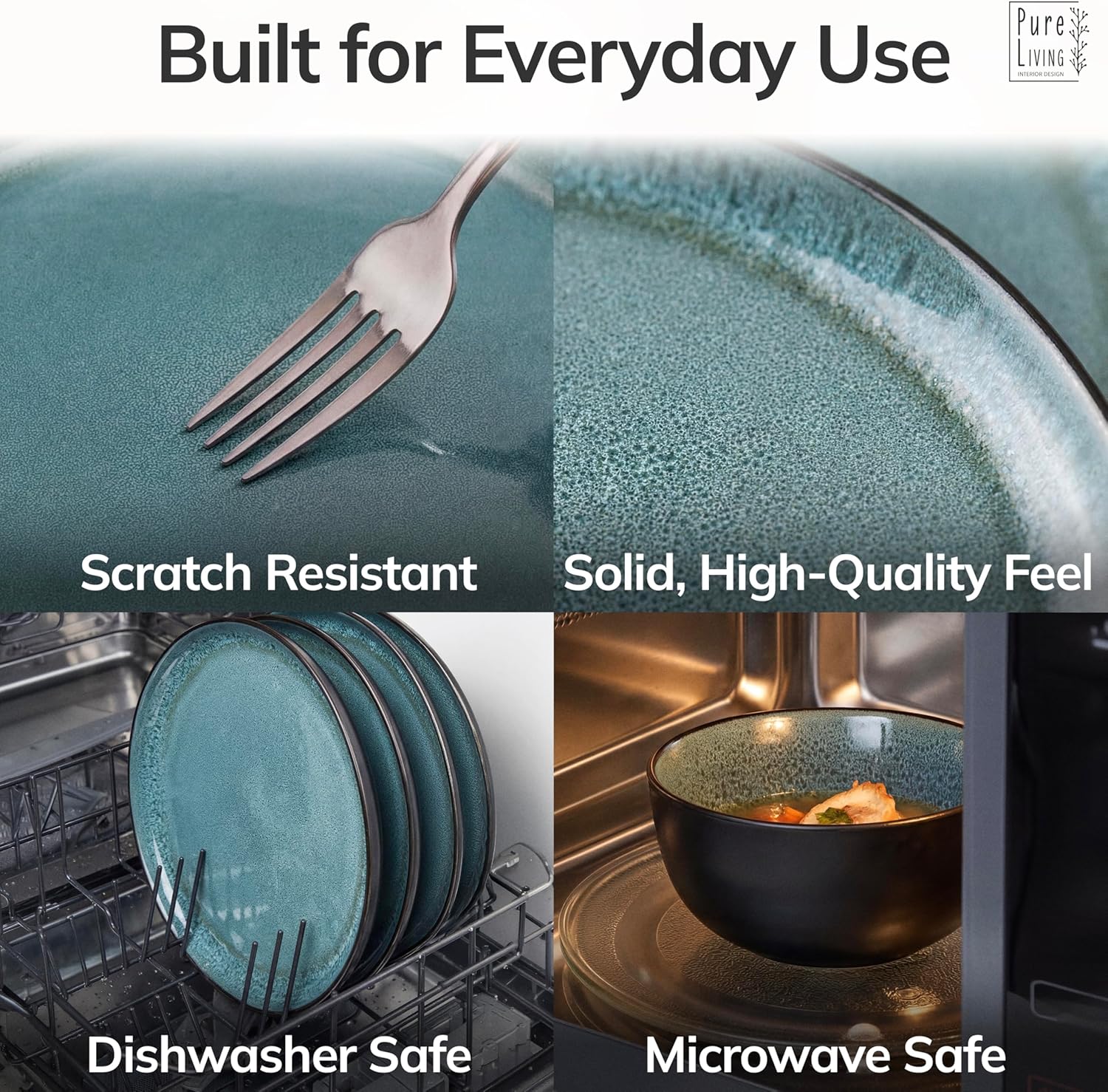 32 Piece Dinnerware Sets for 8 - Modern Style Stoneware Dinnerware Set - Scratch Resistant, Dishwasher Safe Plates and Bowls Sets Ceramic, Dish Set, Bowl and Plate Set - Black and Petrol Blue…