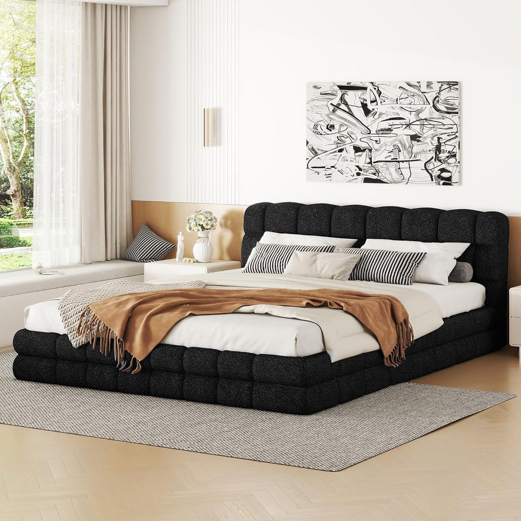 Queen Size Upholstered Platform Bed, Velvet headboard,Wood Slat Support, No Box Spring Needed,Easy Assembly,Bedroom Set (A+Black)