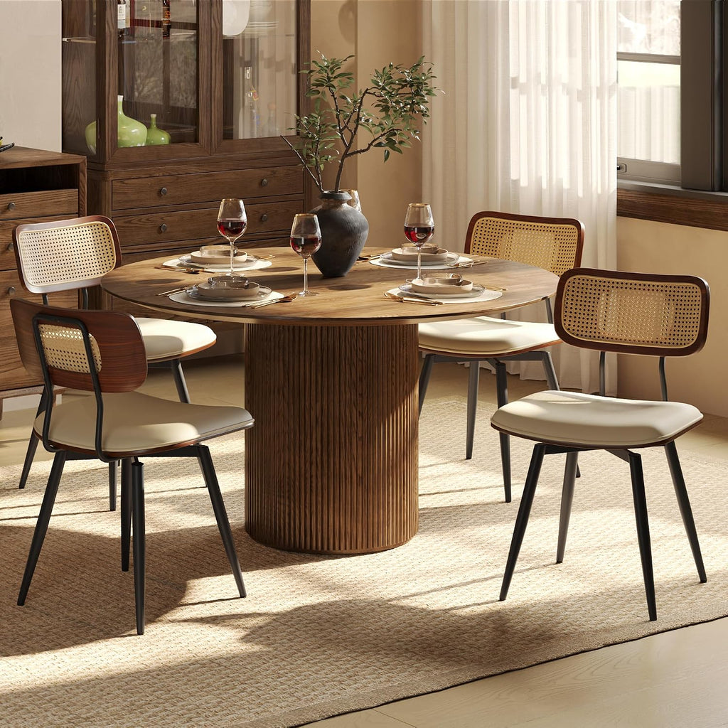 Dining Chairs, Set of 4, Modern, Beige, Rattan & Faux Leather Swivel Dining Room Chairs with 360 Rotation and Adjustable Height