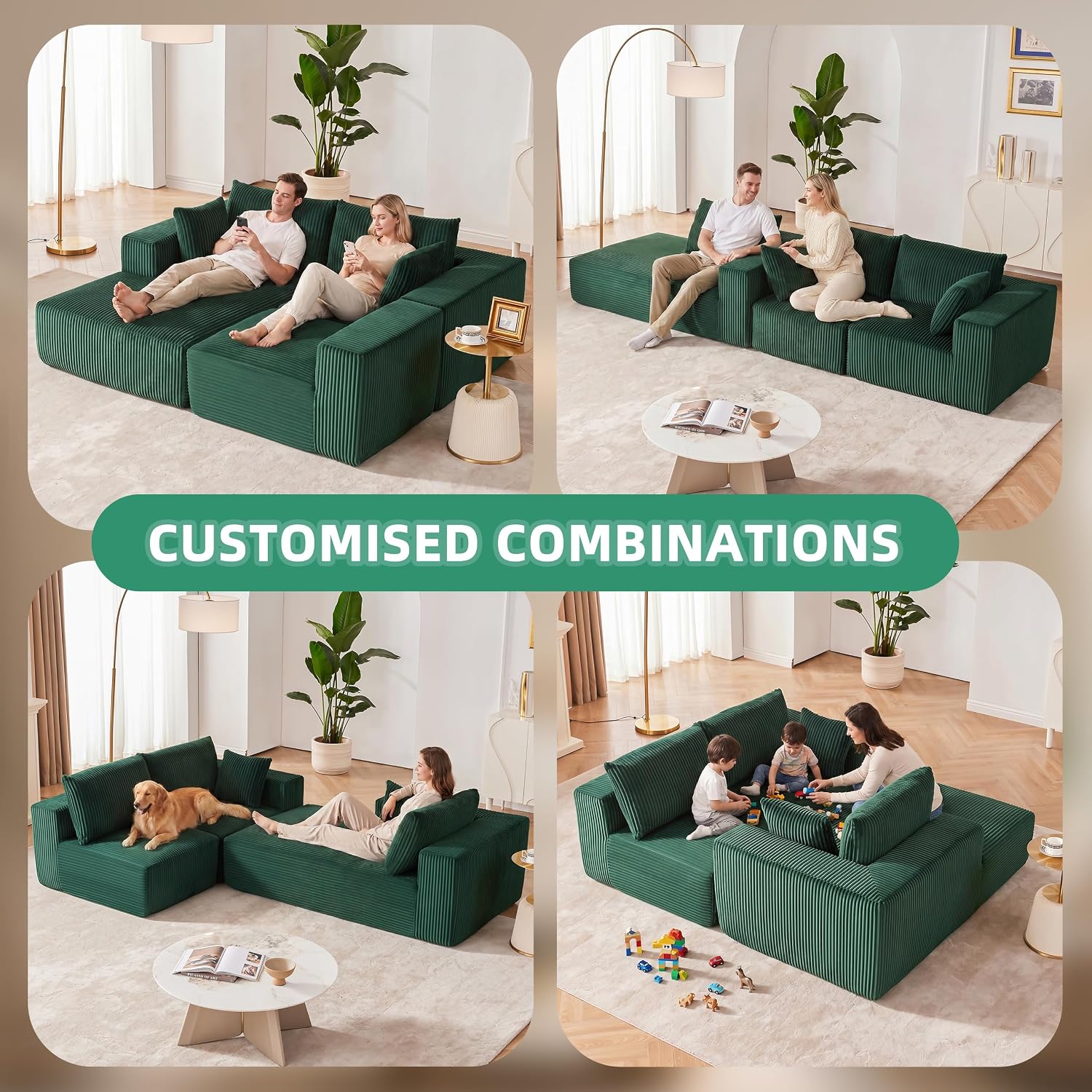 Weture 108' Modular Sectional Sofa, Cloud Sectional Couch with Deep Seat, Modern Modular L-Shape Sofa with Chaise,Upholstered Boneless Couches for Living Room Bedroom (Corduroy, Green)
