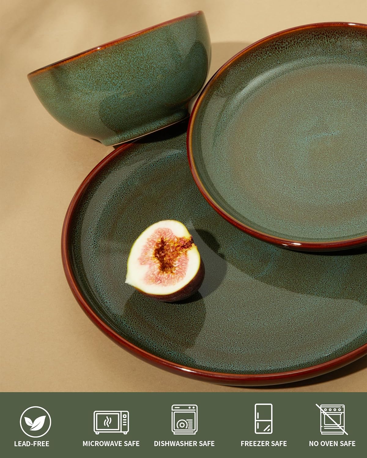 Pokini Stoneware Dinnerware Sets for 6, Microwave Safe Plate and Bowl Set, Easy to Clean & Durable Dishes Sets for Small to Medium Families, Sage Green