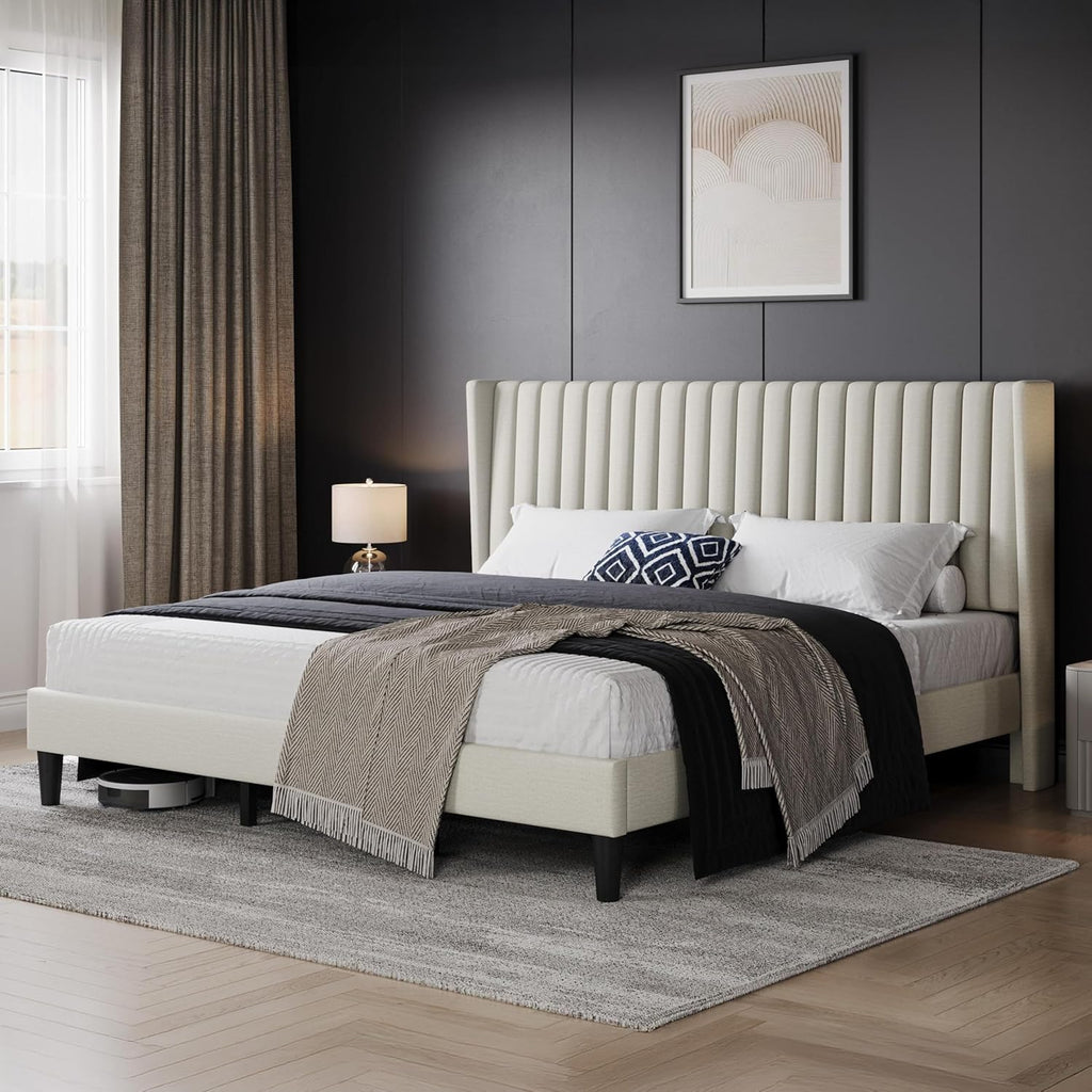 Yaheetech King Bed Frame Upholstered Platform Bed with Fabric Headboard, Wing Edge Design/Non-Slip and Noise-Free/Wooden Slats Support/No Box Spring Needed/Easy Assembly, Beige King Bed