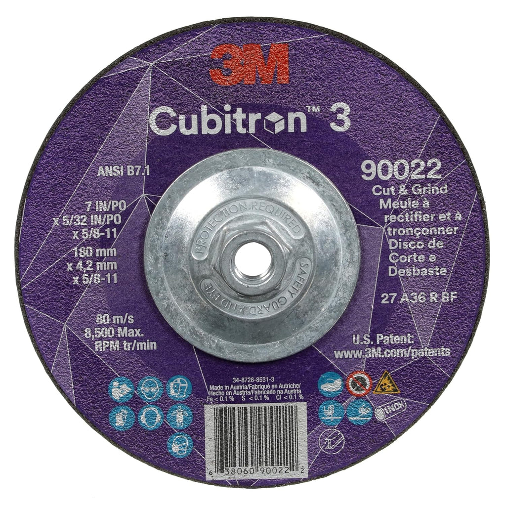 3M Cubitron 3 Cut and Grind Wheel, 90022, 36+, T27, 7 in x 5/32 in x 5/8 in-11, Pack of 10, ANSI, Longer Life, Faster Cut, Back-Gouging, Fillet Weld Removal, Cutting, Grinding