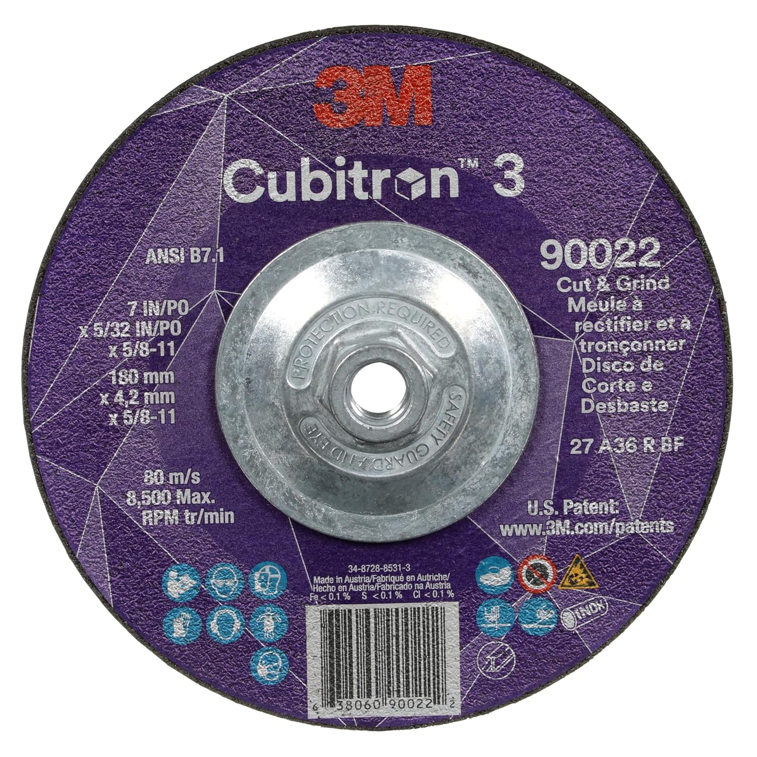 3M Cubitron 3 Cut and Grind Wheel, 90022, 36+, T27, 7 in x 5/32 in x 5/8 in-11, Pack of 10, ANSI, Longer Life, Faster Cut, Back-Gouging, Fillet Weld Removal, Cutting, Grinding