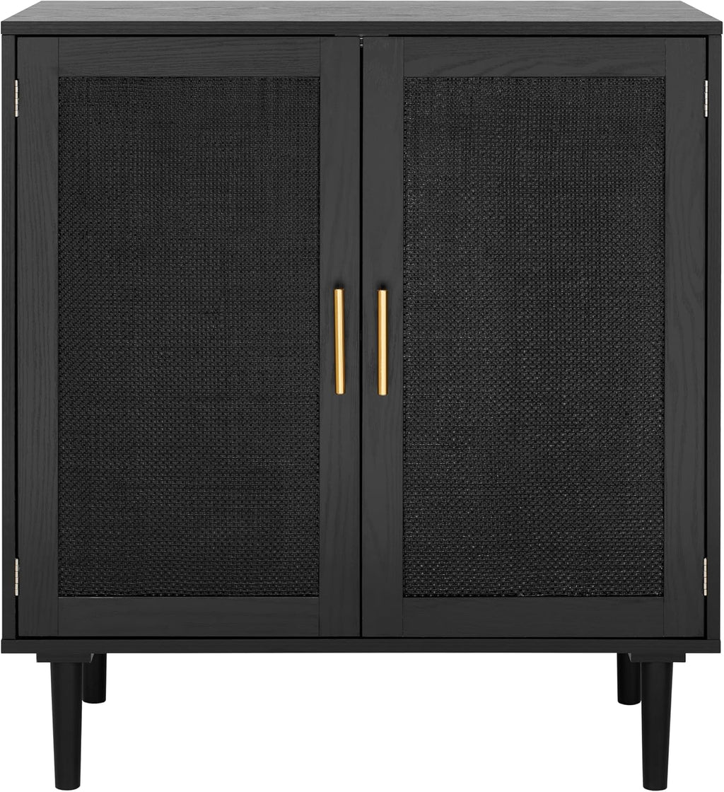 Finnhomy Sideboard Buffet Kitchen Storage Cabinet with Black Painted Rattan Decorated Doors, Dining Room, Hallway, Cupboard Console Table, Liquor/Accent Cabinet, 31.5X 15.8X 34.6 Inches, Black
