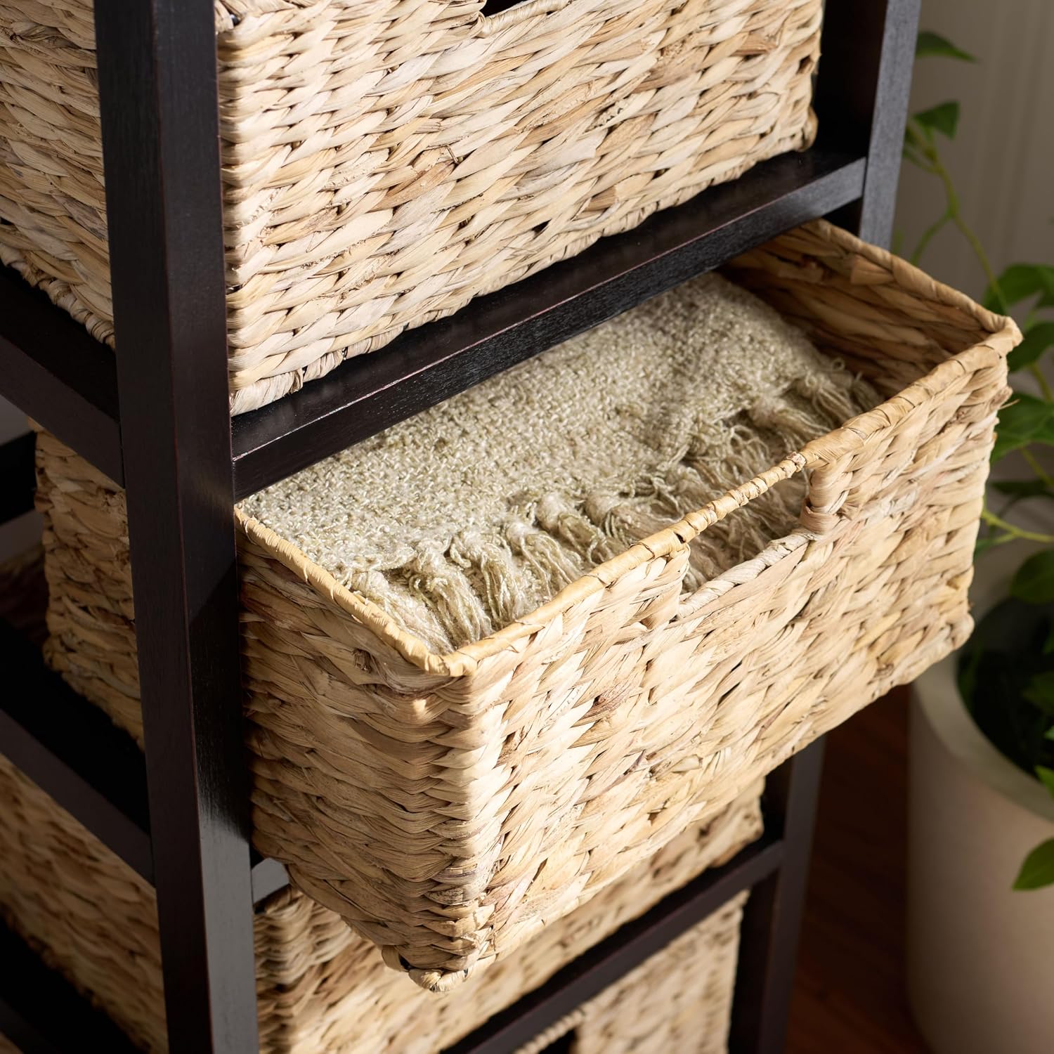 SAFAVIEH Furniture - Vedette 5-Basket Storage Tower - Distressed Black - Solid Wood - Coastal Basket Tower Design - Ideal for Entryway, Living Room, 17.5'W x 13.5'D x 46'H - Fully Assembled (AMH5739A)
