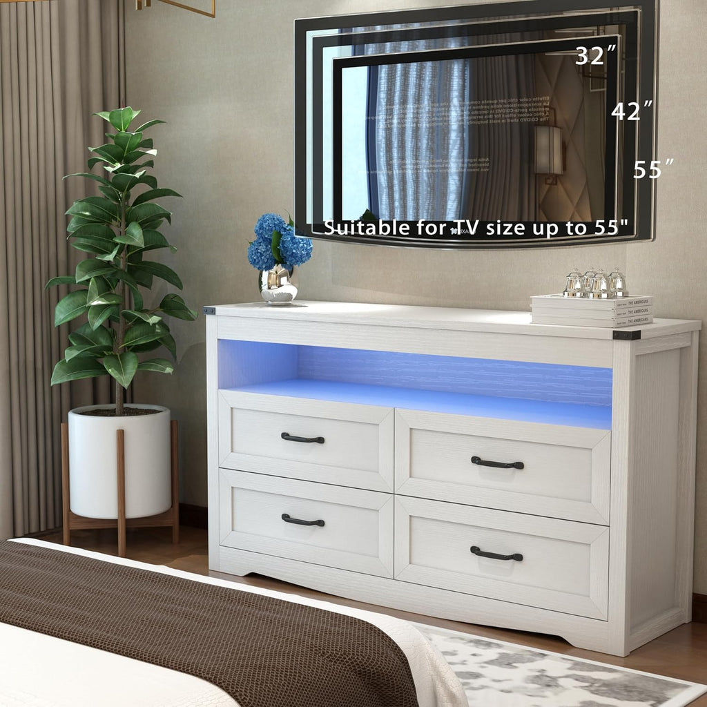 Wodeer White Dresser for Bedroom, Wood 4 Drawer Dresser with LED Light, Dressers & Chests of Drawers with Metal Handles, Storage and Organization for Bedroom, Hallway, Entryway