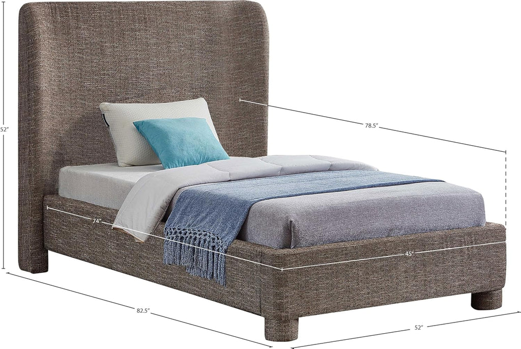 Meridian Furniture B1205Brown-T Penny Collection Modern | Contemporary Twin Bed with Rich Brown Linen Textured Fabric, Curved Headboard, 52' W x 82.5' D x 52' H, Brown, Twin