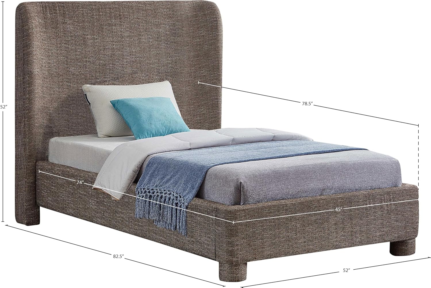 Meridian Furniture B1205Brown-T Penny Collection Modern | Contemporary Twin Bed with Rich Brown Linen Textured Fabric, Curved Headboard, 52' W x 82.5' D x 52' H, Brown, Twin