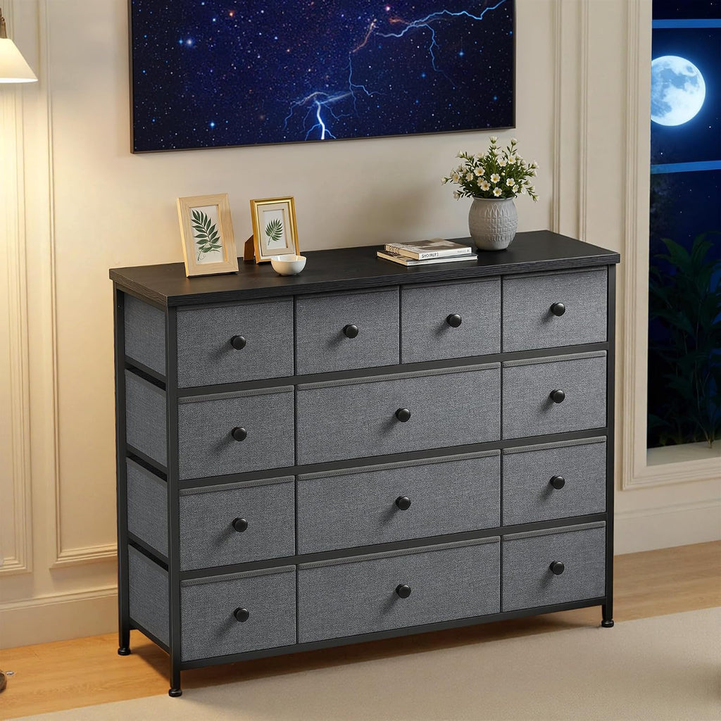 EnHomee Dresser for Bedroom with 13 Fabric Drawers TV Stand for 45 Inch TV Chests of Drawers for Living Room, Wood Top and Sturdy Frame, Grey