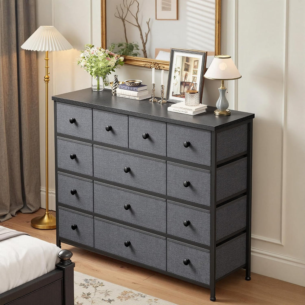 EnHomee Dresser for Bedroom with 13 Fabric Drawers TV Stand for 45 Inch TV Chests of Drawers for Living Room, Wood Top and Sturdy Frame, Grey