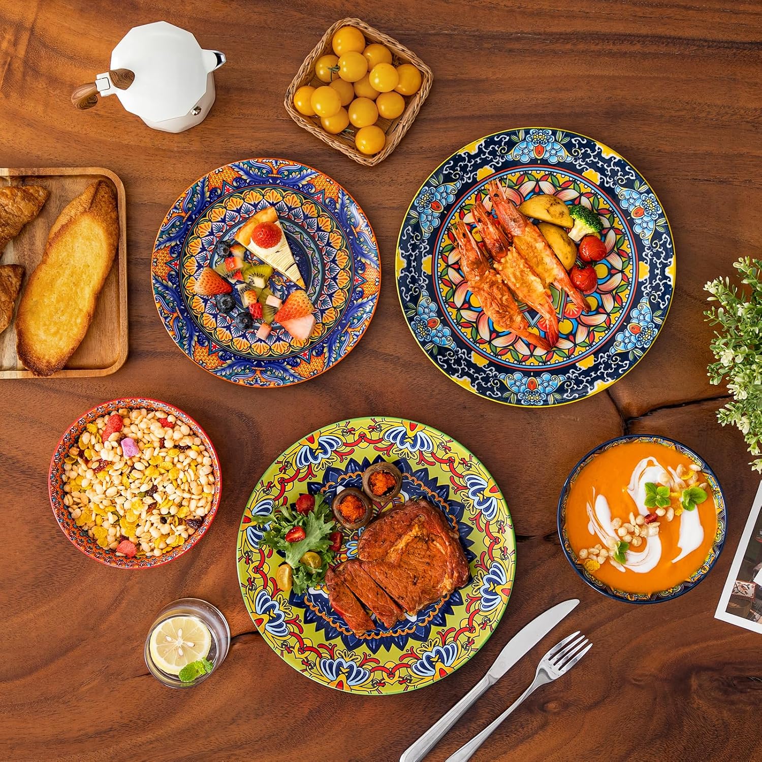 vancasso 18 Pieces Plates and Bowls Set, Bohemian Style Dinnerware Sets Service for 6, Porcelain Boho Dishes Set for Kitchen, Housewaring Gift, Dishwasher and Microwave Safe, Series KRVI