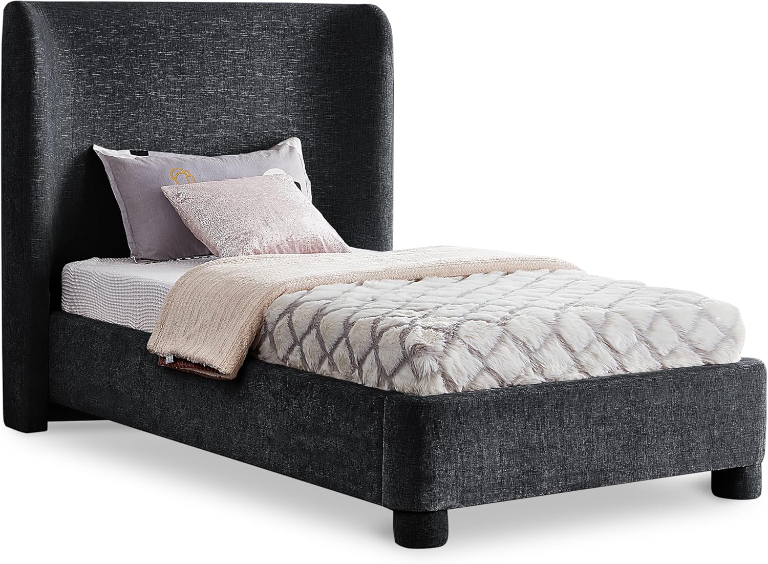Meridian Furniture B1207Black-T Penny Collection Modern | Contemporary Twin Bed with Rich Black Chenille Fabric, Curved Headboard, 52' W x 82.5' D x 52' H, Black, Twin