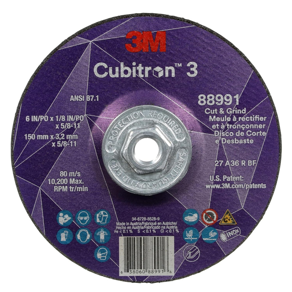 3M Cubitron 3 Cut and Grind Wheel, 88991, 36+, T27, 6 in x 1/8 in x 5/8 in-11, Pack of 10, ANSI, Longer Life, Faster Cut, Back-Gouging, Fillet Weld Removal, Cutting, Grinding