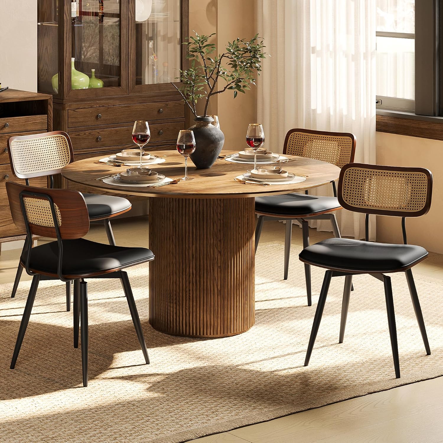 Dining Chairs, Swivel Dining Chairs Set of 4, Faux Leather & Rattan Walnut Dining Room Chairs, Bentwood & Metal Frame Upholstered Chairs with 360°Rotation, Modern Kitchen/Living Room Chair (Black)