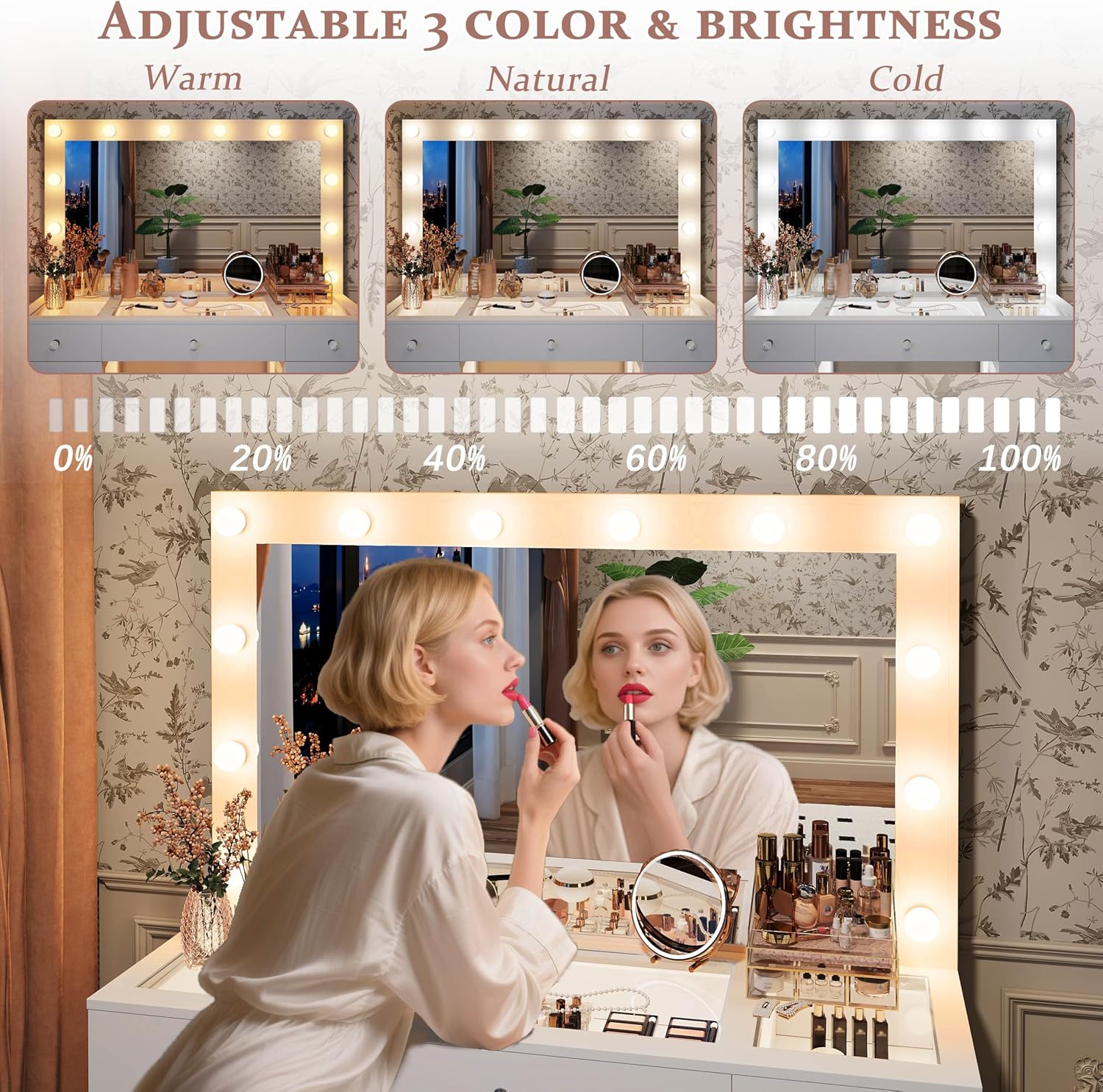 IFSEB Vanity Desk with Large Mirror and Lights, Glass Top Makeup Vanity with Lights & Power Outlet for Bedroom, 3 Color Lighting Modes, White Dressing Table for Women