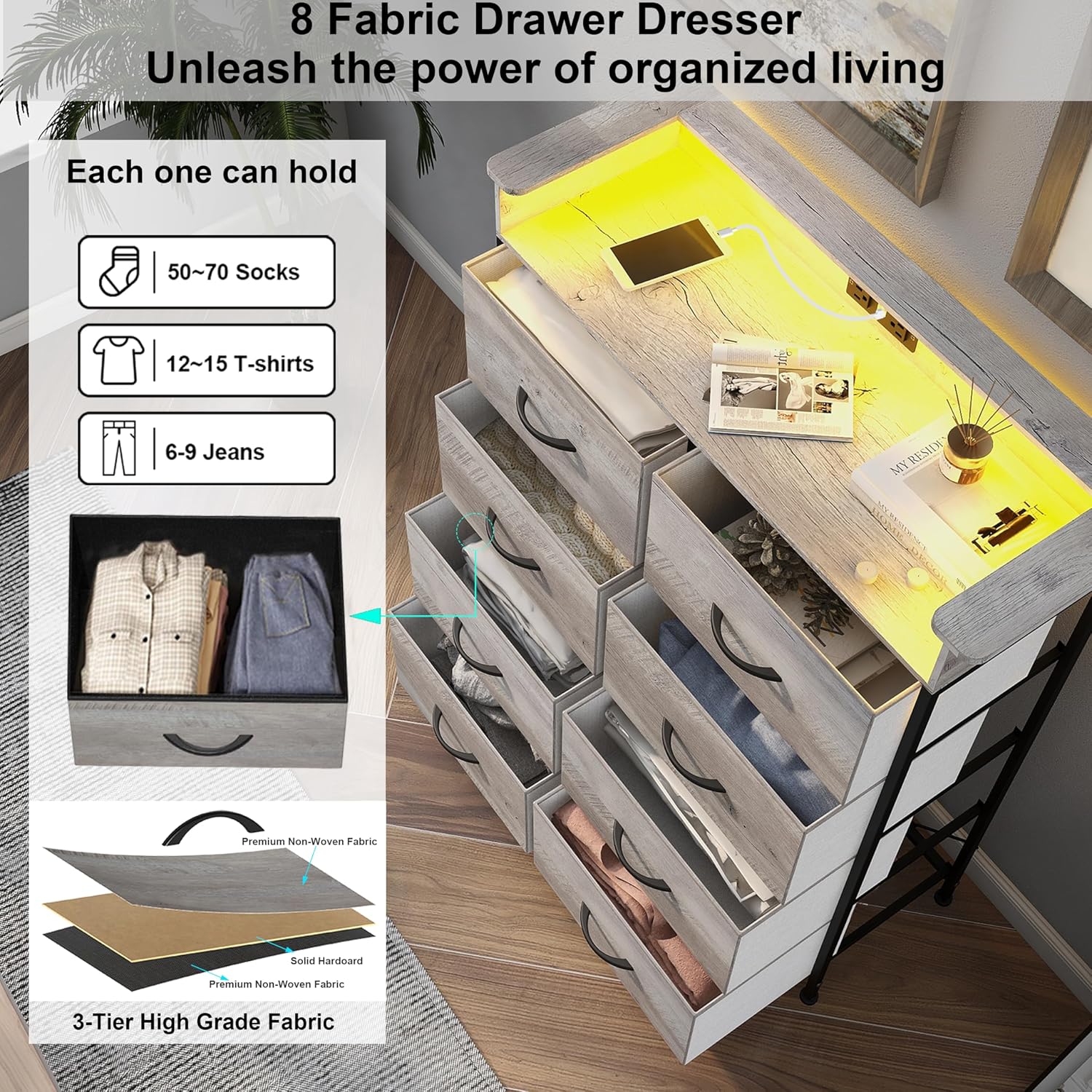 Dresser for Bedroom with Charing Station Grey Dresser with LED Lights Tall Dressers with 8 Drawers Storage Tower for Closet Living Room Hallway Entryway Sturdy Steel Frame Wood Top