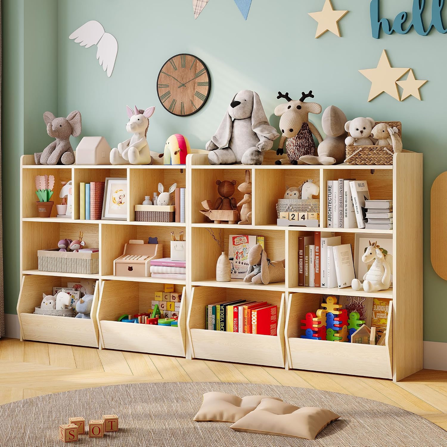 IDEALHOUSE Toy Storage Organizer with Movable Drawers, Kids Bookshelf with Hidden Wheels and 5 Open Cubbies, Multifunctional Storage Cabinet Chest for Playroom