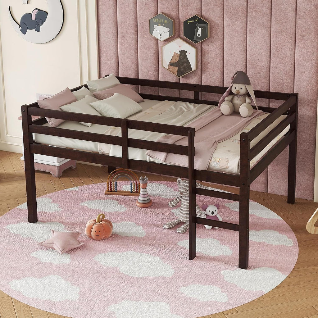 JIVOIT Full Size Bed Frame, Rubber Wood Loft Bed with Ladder, Low Height Design Loft Bed, Central Strengthened Support Slat, No Box Spring Needed