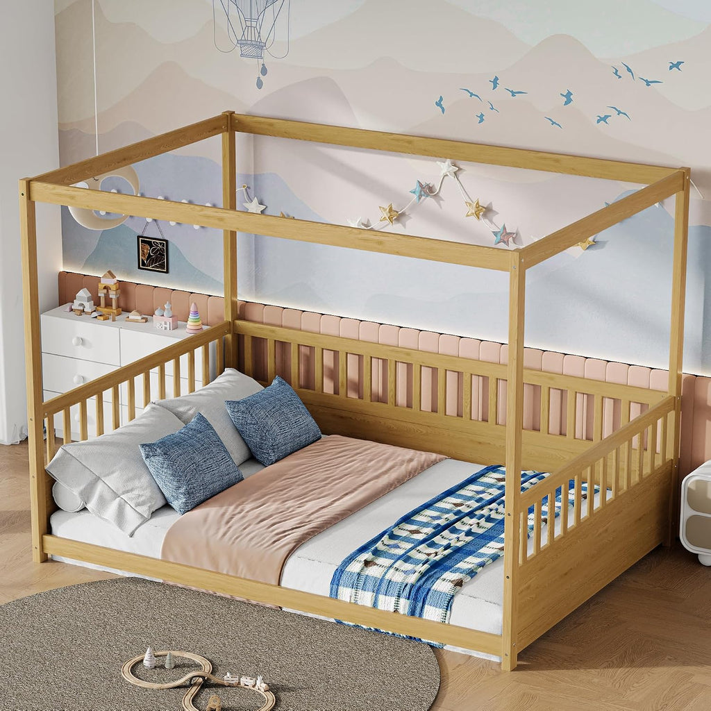 Full Size Canopy Bed Frame with Guardrails,Floor Bed Full with Four Poster Design,Montessori Floor Bed,Wood Canopy Bed Frame for Girls,Boys(Full,Natural)