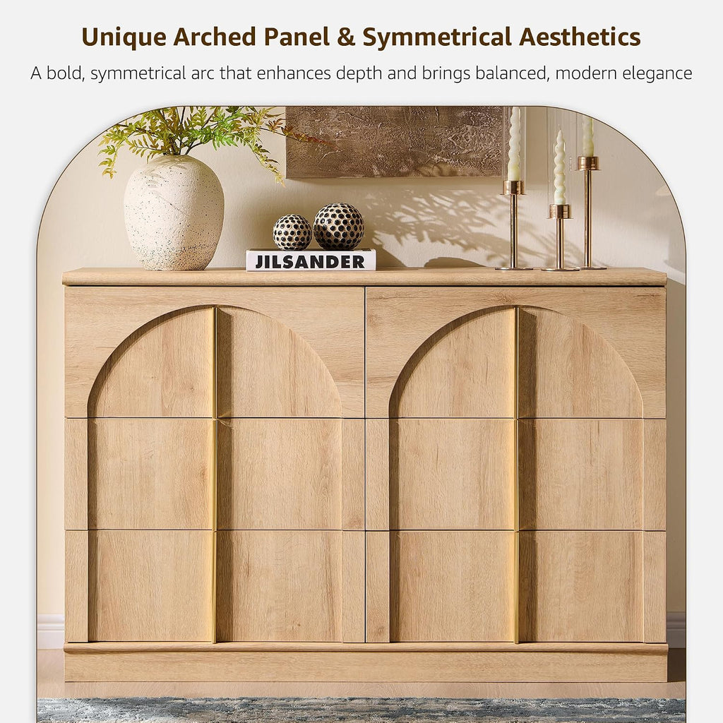 ACCOHOHO Arched Dresser for Bedroom with 6 Drawers, 47.3' Wide Modern Chest of Drawers with Rounded Edge & Metal Handles, Wood Storage Closet Dressers TV Stand for Living Room, Hallway, Oak