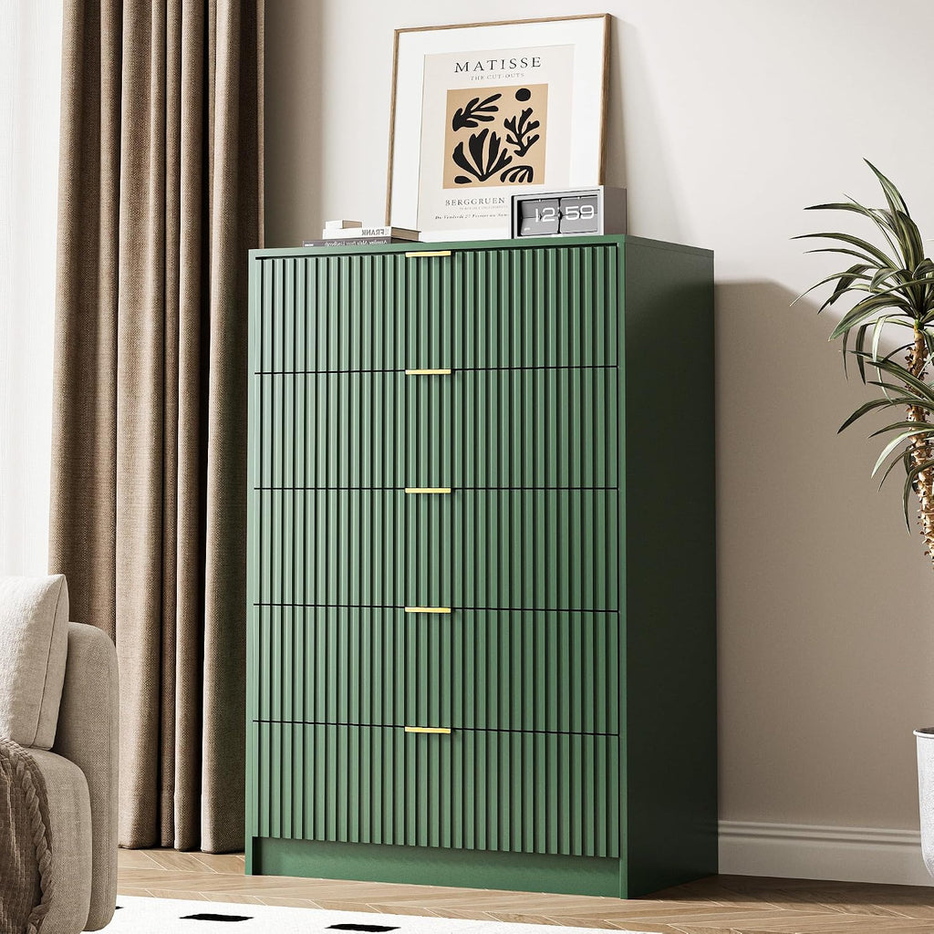 MAISONARIA 5 Drawer Dresser for Bedroom, Tall Dresser Chest of Drawers with Gold Handles, 32 Inch Wide Nightstand with for Bedroom, Living Rooms, Offices, and Entryways, Green