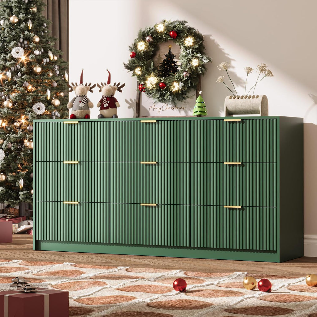 MAISONARIA Green 9 Drawer Dresser for Bedroom, 63' Wide Modern Fluted Dresser with Gold Metal Handles, Chest of Drawers for Bedroom, Living Room, Entryway, Hallway