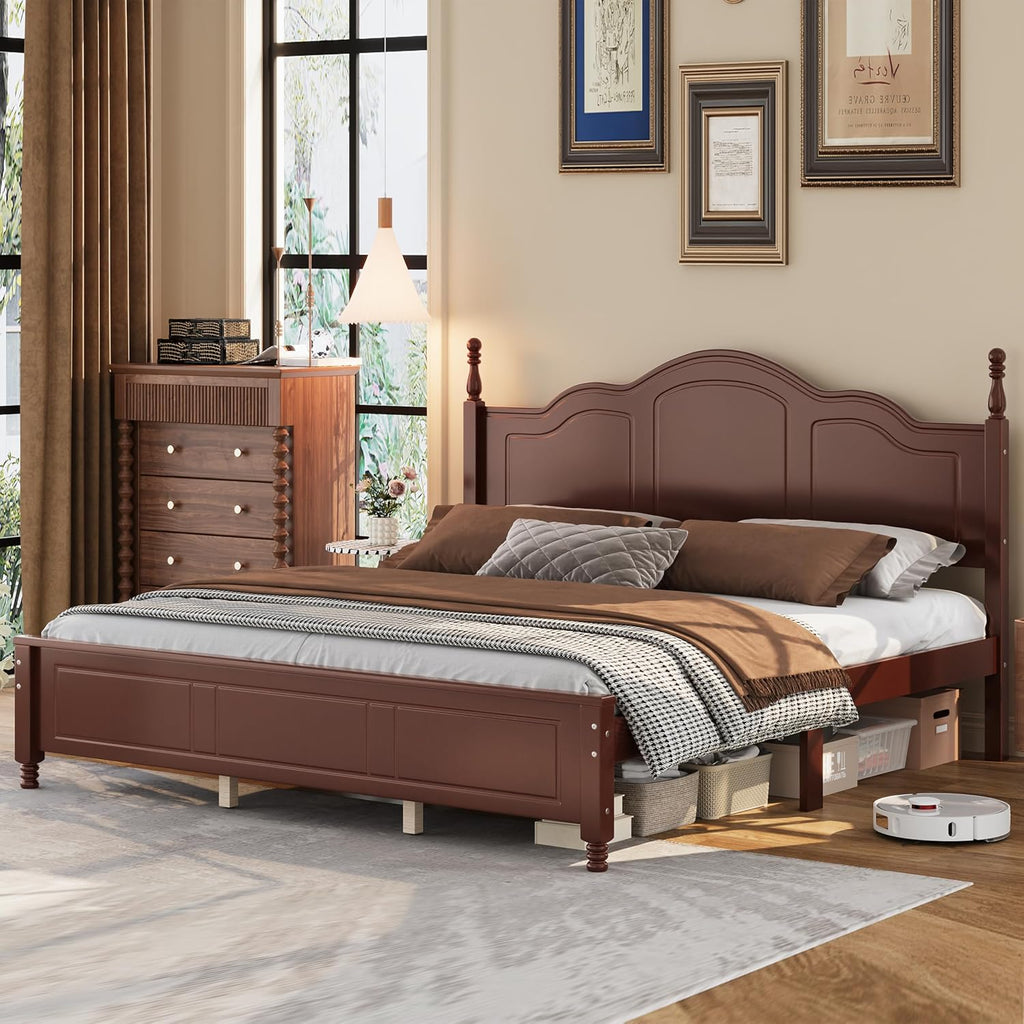 JIVOIT Wood King Bed Frame with Headboard and Footboard, Retro Style Platform Bed with Wooden Slat Support, Solid Wood Foundation, King Size Wooden Bed Frame (Dark Walnut,King Bed, 1)