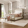 24/7 Shop at Home Lalia Hammered Metal 3-Piece Bedroom Collection, Upholstered Bed Frame with Beige Fabric Headboard, Forged Steel, Bench and 1-Shelf Nightstand, Foundation Required, Full, Matte Gold