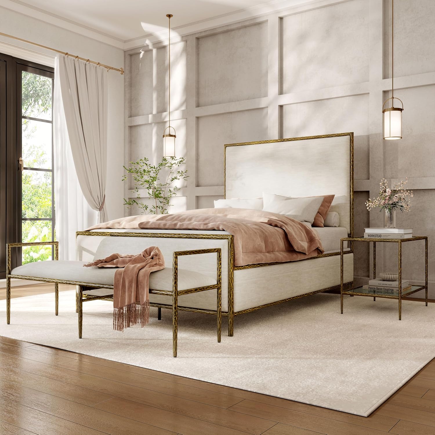 24/7 Shop at Home Lalia Hammered Metal 3-Piece Bedroom Collection, Upholstered Bed Frame with Beige Fabric Headboard, Forged Steel, Bench and 1-Shelf Nightstand, Foundation Required, Full, Matte Gold