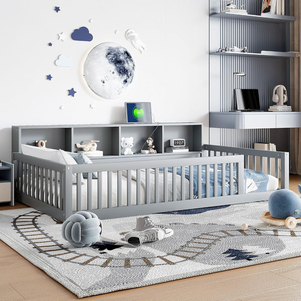 Bellemave Kids Montessori Floor Bed Twin XL Size,Floor Bed Frame with Bookcase and Charging Station for Kids Boys Girls,Gray