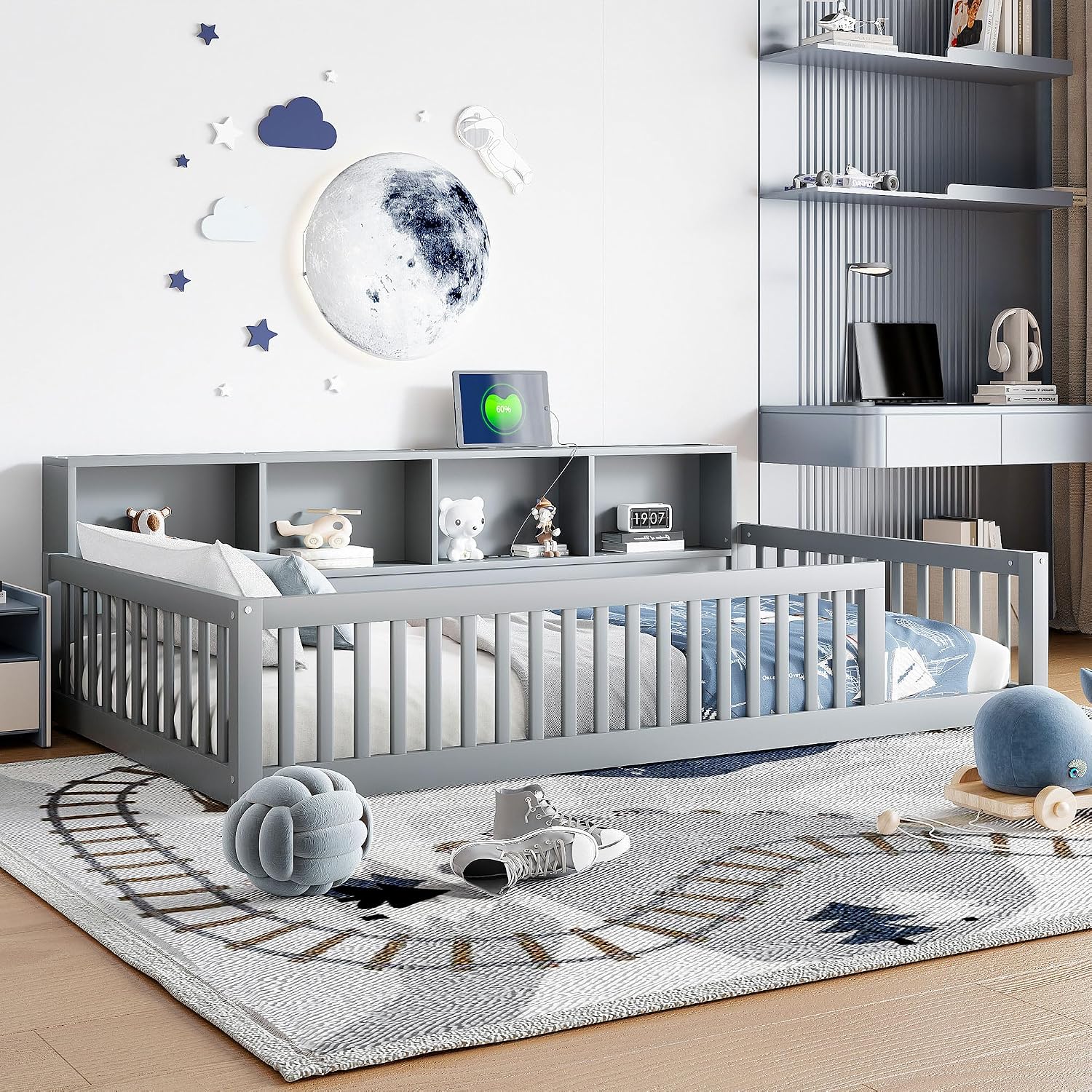 Bellemave Kids Montessori Floor Bed Twin XL Size,Floor Bed Frame with Bookcase and Charging Station for Kids Boys Girls,Gray