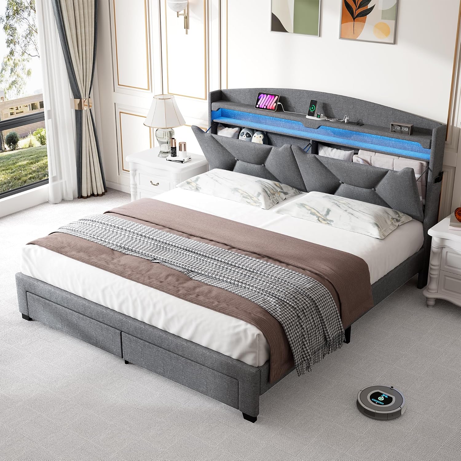 Full Bed Frame with Storage Headboard, Upholstered LED Bed Frame with 2 Storage Drawers Charging Station,Wood Slats Support, No Box Spring Needed, Noise Free, Grey