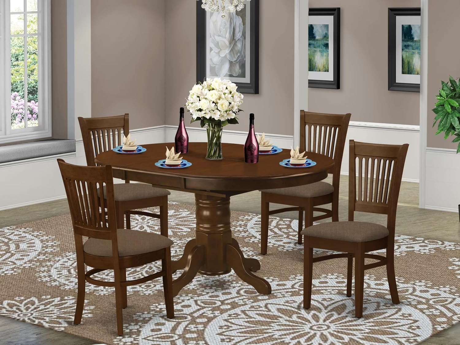 East West Furniture KEVA5-ESP-C 5 Piece Kitchen Table & Chairs Set Includes an Oval Dining Room Table with Butterfly Leaf and 4 Linen Fabric Upholstered Chairs, 42x60 Inch, Espresso