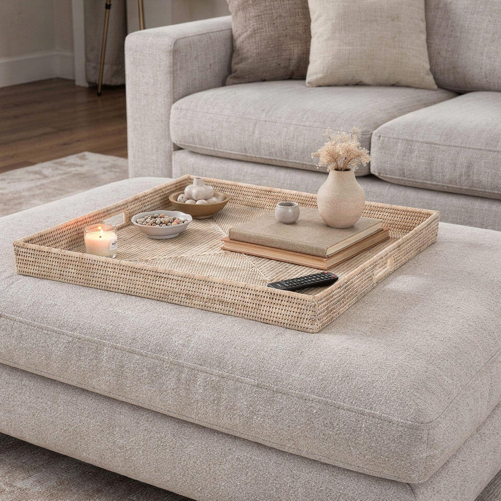 KOUBOO La Jolla Rattan Tray, Square Woven Tray - Decorative Coffee Table, Breakfast Tray, Home Decor Basket Style, Extra Large, White-Wash