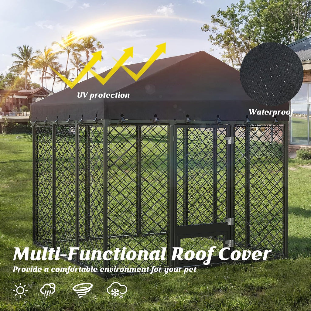 6x6FT Dog Kennel Outdoor with Roof - Heavy Duty Metal Fence Playpen for Large Dogs, Weatherproof Enclosure with Double Lock Gate & Feeding Swivel Door