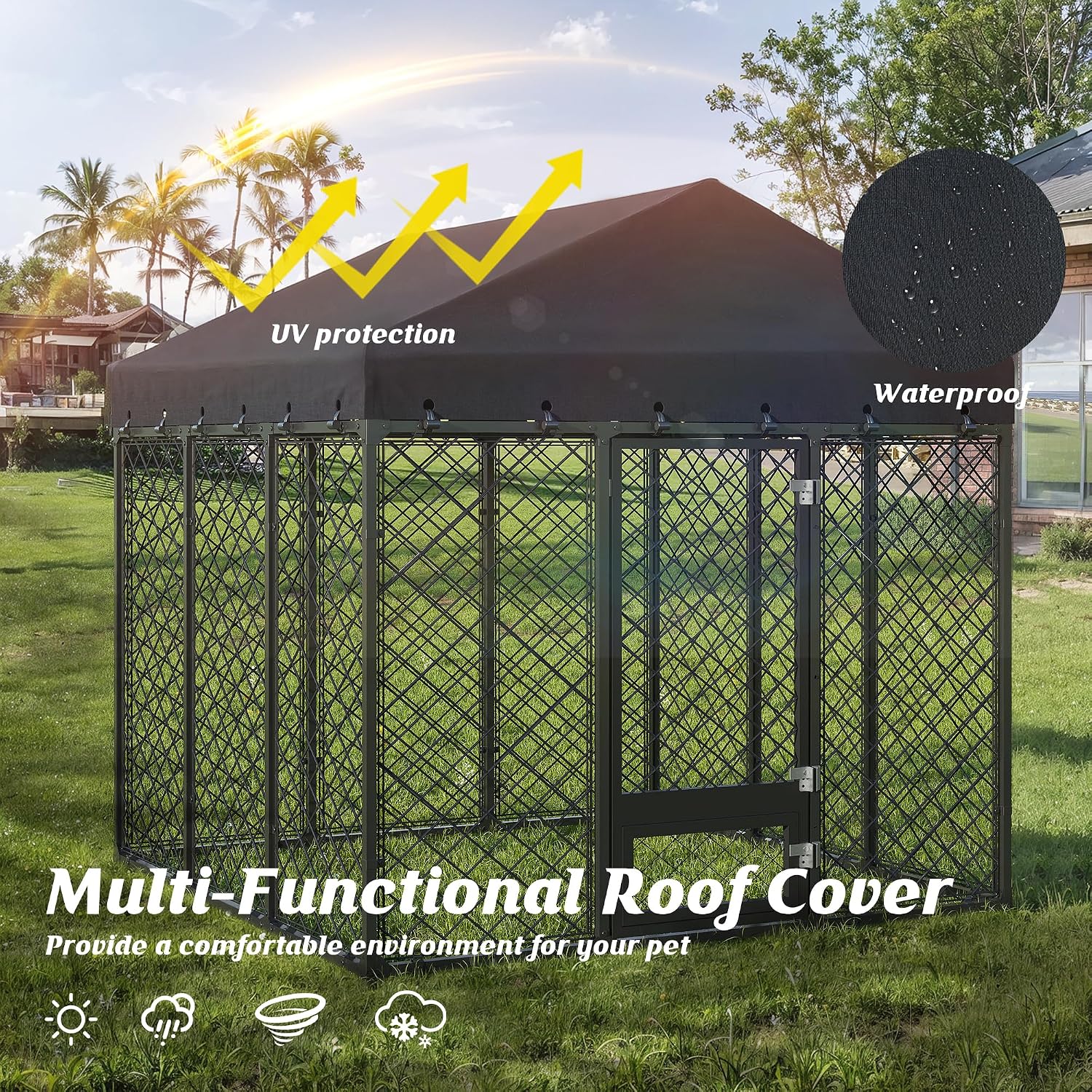 6x6FT Dog Kennel Outdoor with Roof - Heavy Duty Metal Fence Playpen for Large Dogs, Weatherproof Enclosure with Double Lock Gate & Feeding Swivel Door